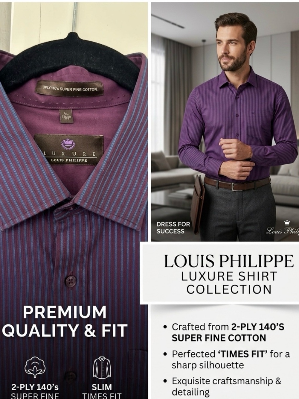 Louis Philippe Luxure 2-Ply 140s Super Fine Cotton Purple Striped Dress Shirt -